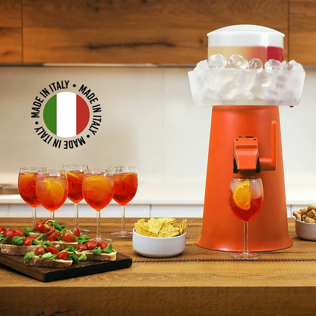 Orange Sprizzer aperitivo machine dispensing spritz with antipasti and chips