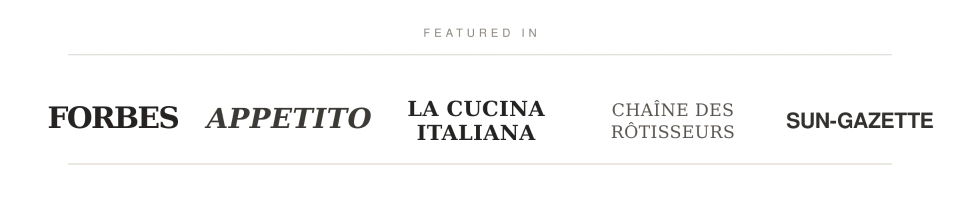 La Dolce Vita featured in Forbes, Appetito, La Cucina Italiana, Chaîne des Rôtisseurs, and Sun-Gazette