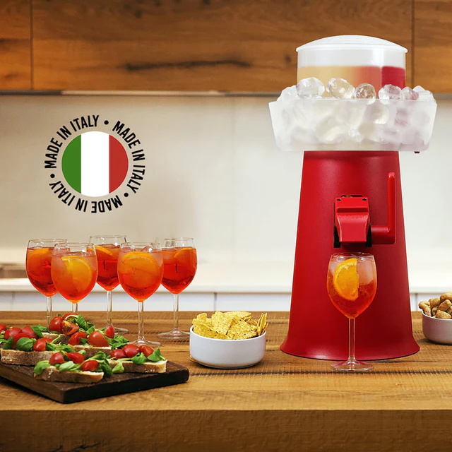 Red Sprizzer machine with branded glassware and signage