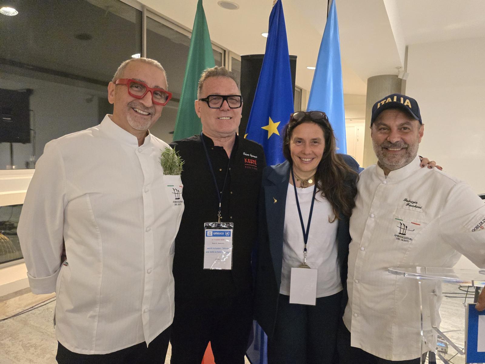 Chef Fabrizio Facchini with fellow chefs at a UNESCO Italian cuisine event