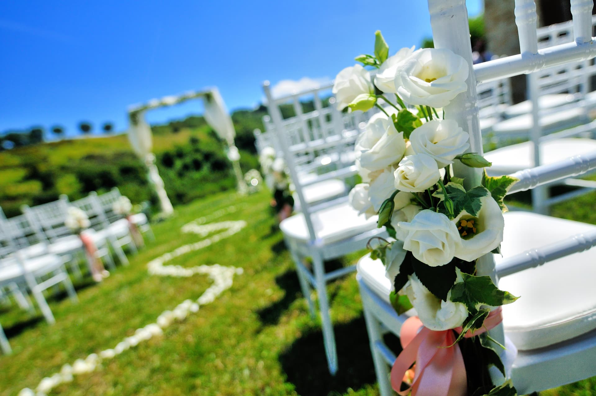White roses tied to ceremony chairs along a petal-lined wedding aisle
